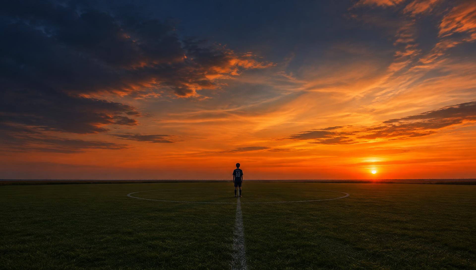 Young soccer player standing at midfield at sunset