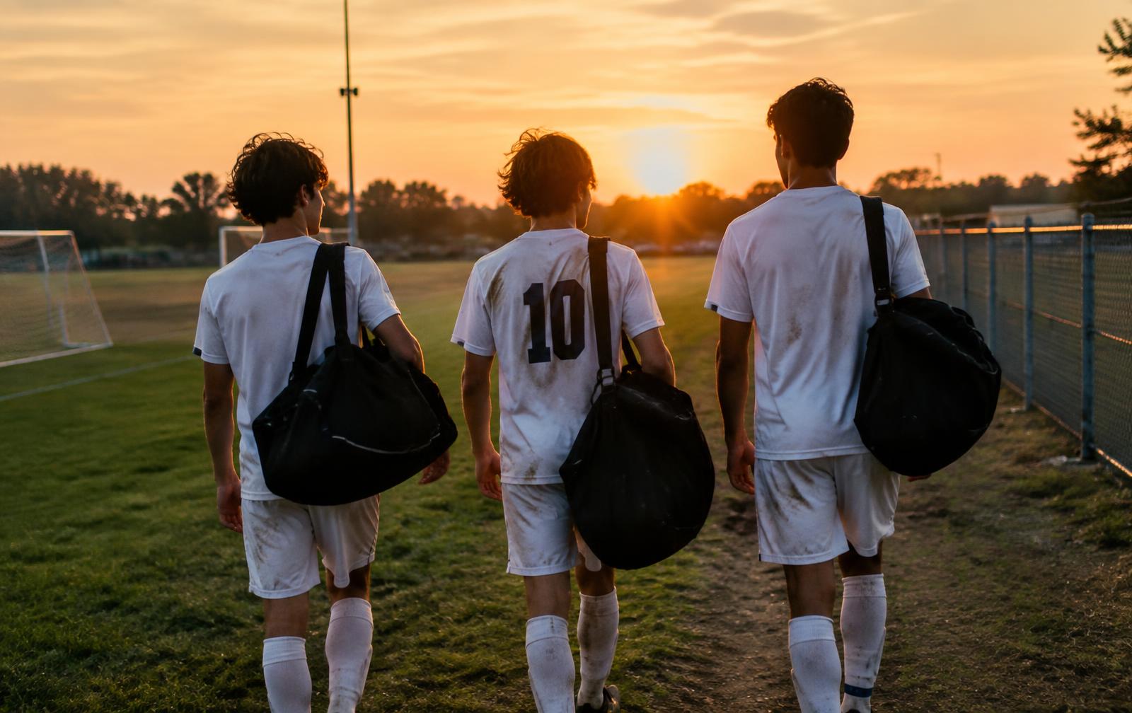 Teammates walking together off the field at sunset